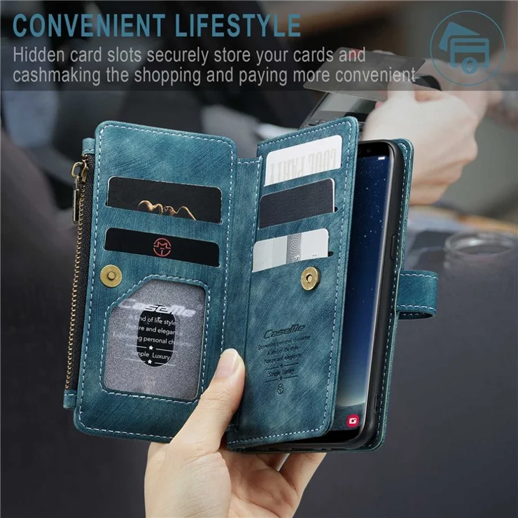For Samsung Galaxy S8 Phone Cases with Strap CASEME C30 Zipper Multiple Card Holder PU Leather Cover - Blue