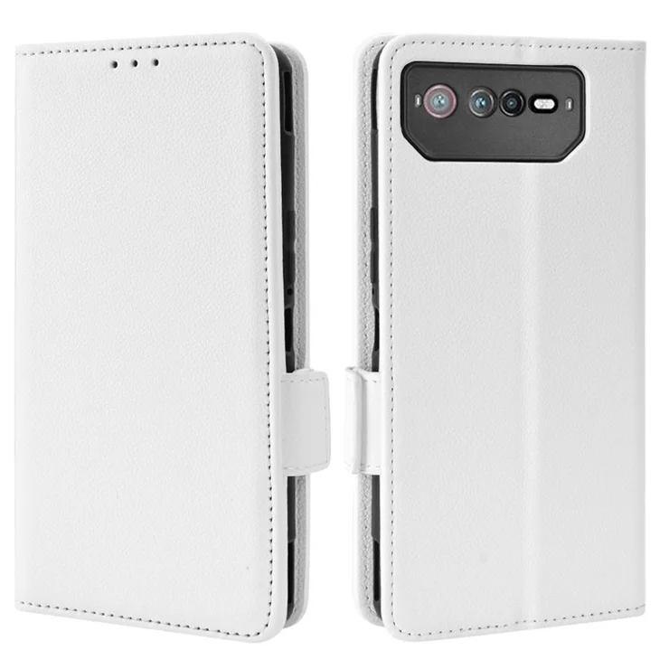 For Asus ROG Phone 6 5G / Phone 6 Pro 5G PU Leather Dual Magnetic Clasp Flip Cover Stand Feature Litchi Texture Wallet Purse Case - White