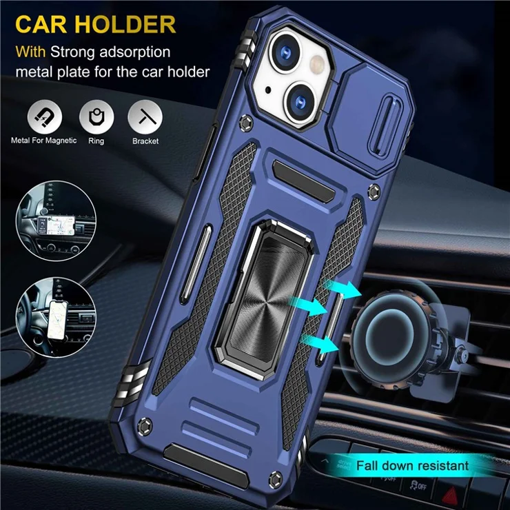 For iPhone 14 6.1 inch Ring Kickstand Cell Phone Protector Slide Camera Cover Anti-fingerprint PC + TPU Phone Case - Navy Blue