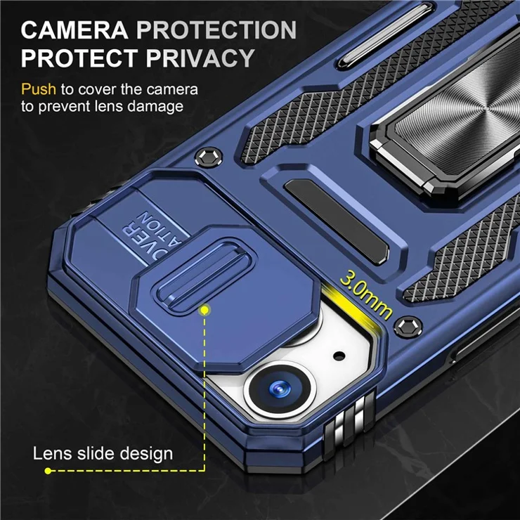 For iPhone 13 6.1 inch Ring Kickstand Anti-Fall Case Slide Camera Cover PC + TPU Cell Phone Protective Cover - Navy Blue