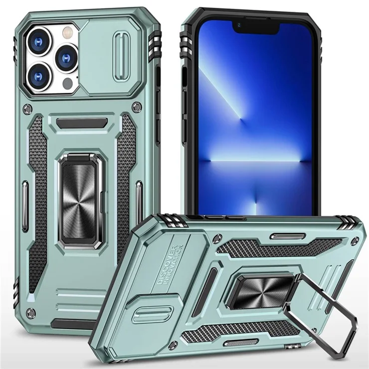 For iPhone 12 Pro Max 6.7 inch PC + TPU Ring Kickstand Case with Slide Camera Cover Anti-Fall Phone Protector - Alpine Green