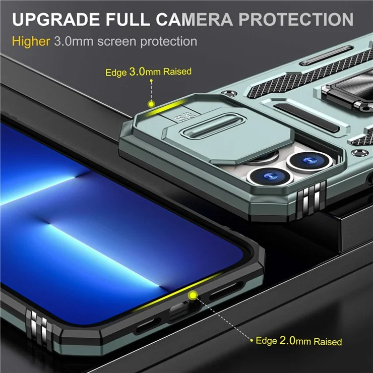 For iPhone 12 Pro Max 6.7 inch PC + TPU Ring Kickstand Case with Slide Camera Cover Anti-Fall Phone Protector - Alpine Green