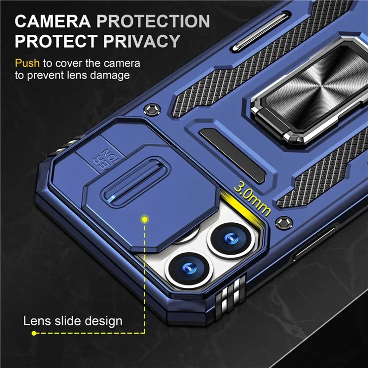 For iPhone 12 Pro Max 6.7 inch PC + TPU Ring Kickstand Case with Slide Camera Cover Anti-Fall Phone Protector - Navy Blue