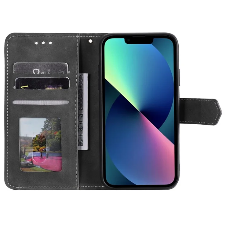 For iPhone 14 Plus Splicing Stitching Skin-touch Folio Flip Case Stand PU Leather Drop-proof Cell Phone Cover - Grey