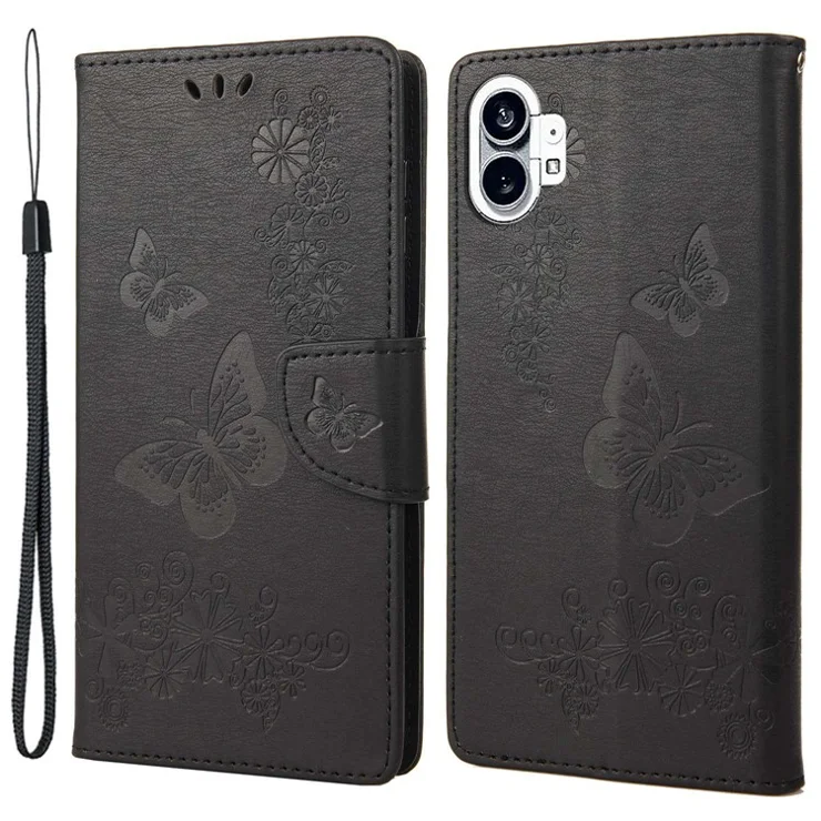 For Nothing phone (1) 5G PU Leather Butterflies Flower Pattern Imprinting Phone Cover Stand Function Wallet Flip Magnetic Case with Strap - Black