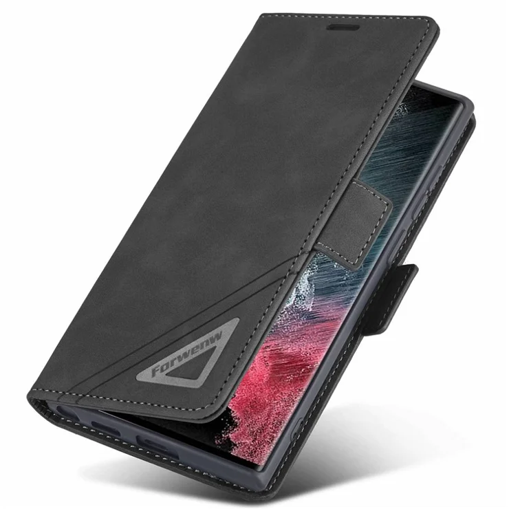 FORWENW F3-Series For Samsung Galaxy S22 Ultra 5G Drop-proof Phone Flip Leather Case Card Holder Anti-scratch Wallet Cover Stand Protective Phone Shell - Black