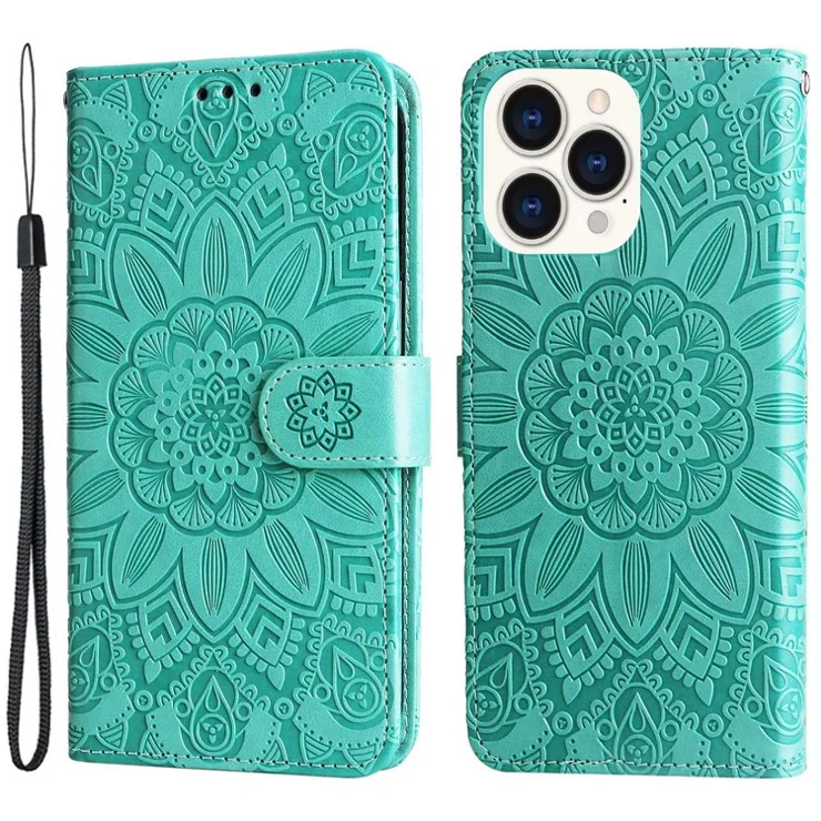 For iPhone 14 Pro Max 6.7 inch PU Leather Sunflower Imprinting Protective Case Flip Stand Wallet Mobile Phone Cover with Strap - Green