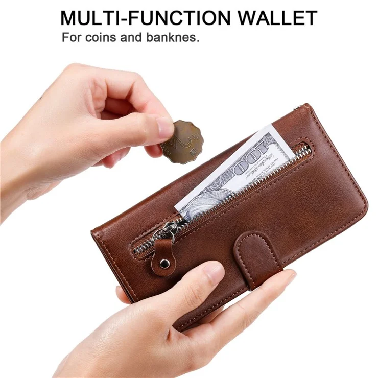 For iPhone 14 6.1 inch Folio Flip Phone Case Outer Zipper Pocket PU Leather Stand Wallet Cover - Brown