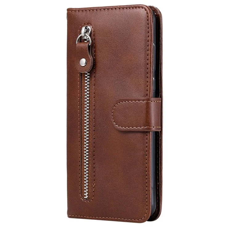 For iPhone 14 6.1 inch Folio Flip Phone Case Outer Zipper Pocket PU Leather Stand Wallet Cover - Brown