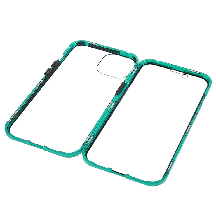 For iPhone 14 Plus All-around Protection Metal Bumper + Double-sided Tempered Glass Anti-wear Magnetic Phone Cover - Green