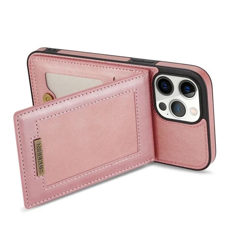 N.BEKUS RFID Blocking Phone Case for iPhone 13 Pro 6.1 inch, Vertical Card Holder Kickstand Design PU Leather and TPU Phone Cover - Rose Gold