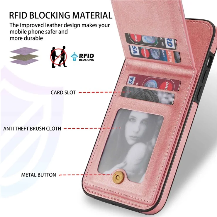 N.BEKUS For iPhone 14 Pro Max 6.7 inch Cell Phone Shell RFID Blocking Vertical Card Holder Kickstand PU Leather+TPU Phone Case - Rose Gold