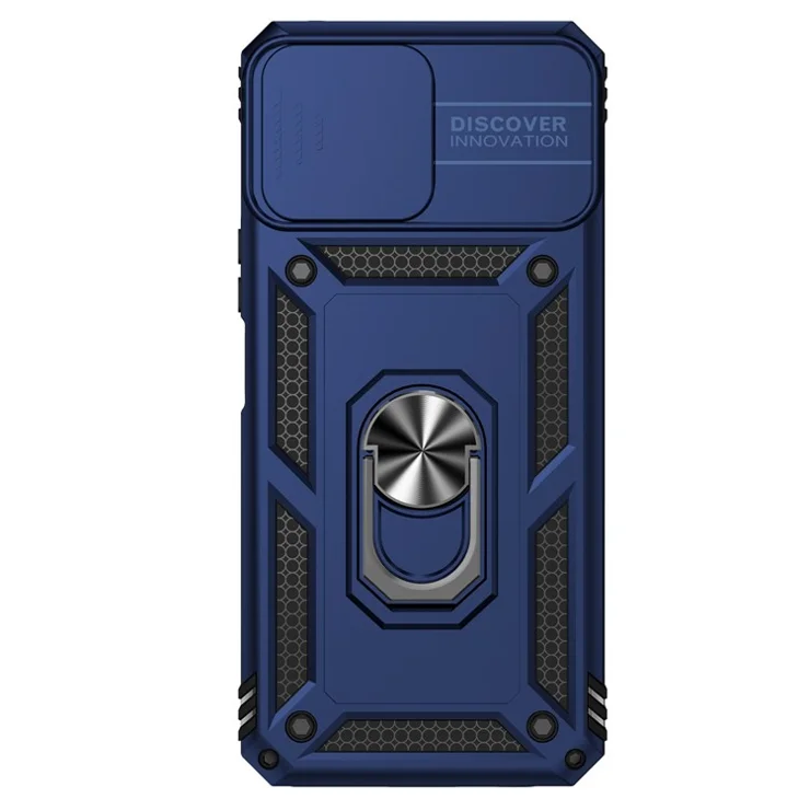 Slide Camera Protector Phone Case for Honor X8 4G 4G, PC + TPU Metal Ring Kickstand Hybrid Cover - Blue