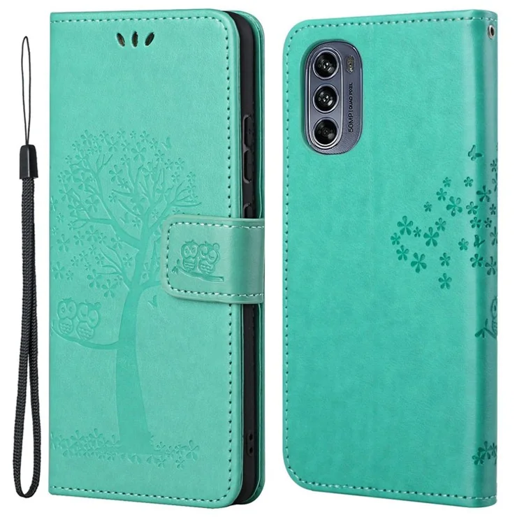 For Motorola Moto G62 5G Owl Tree Pattern Imprinted Wallet Stand Case PU Leather Phone Cover with Wrist Strap - Green