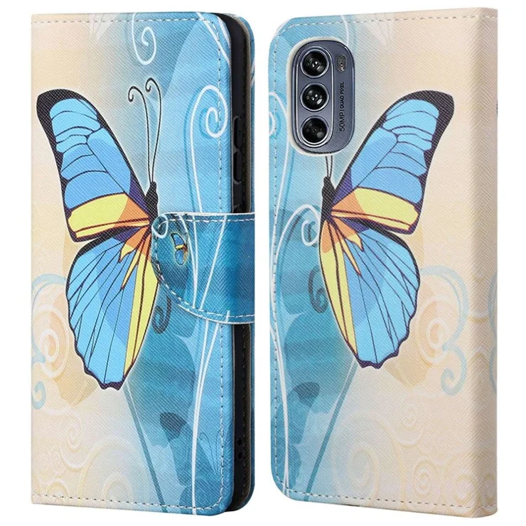 For Motorola Moto G62 5G Pattern Printing PU Leather Anti-scratch Anti-drop Cover Cross Texture Stand Wallet Feature Soft Inner TPU Book Case - Blue Butterfly