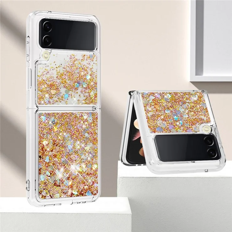 For Samsung Galaxy Z Flip4 5GTPU Case Glitter Quicksand Shockproof Phone Back Cover - Gold / Heart