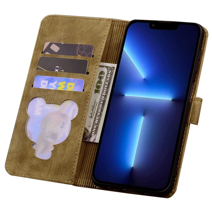 Cherry Blossom Cat Imprinted Case for iPhone 14 6.1 inch, Stand PU Leather Anti-drop Phone Wallet Cover with Strap - Brown