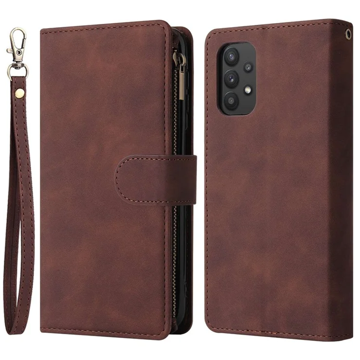 For Samsung Galaxy A32 5G / M32 5G Multi Card Slots PU Leather Full Protection Phone Cover Zipper Pocket Design Wallet Stand Case - Coffee