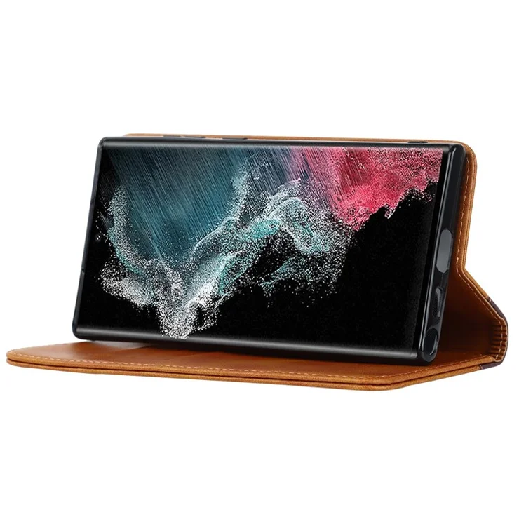 For Samsung Galaxy S22 Ultra 5G Bi-color Splicing Wallet Phone Case PU Leather Holder Folio Flip Stand Magnetic Absorption Cover - Yellow / Brown