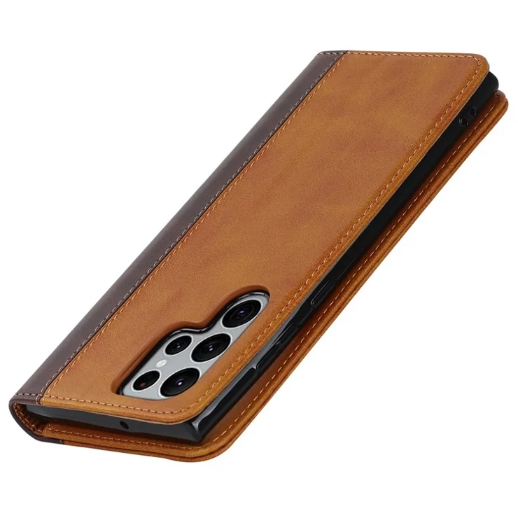 For Samsung Galaxy S22 Ultra 5G Bi-color Splicing Wallet Phone Case PU Leather Holder Folio Flip Stand Magnetic Absorption Cover - Yellow / Brown