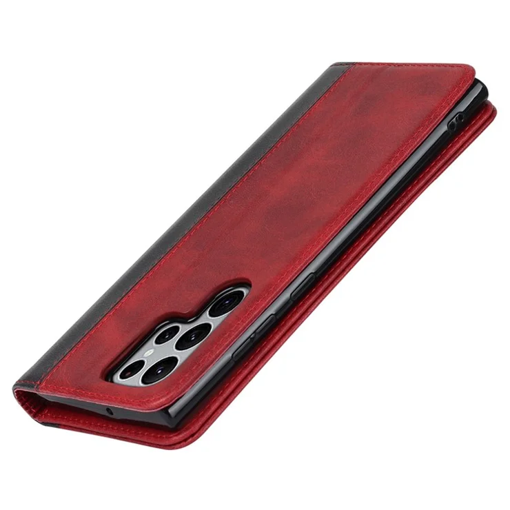 For Samsung Galaxy S22 Ultra 5G Bi-color Splicing Wallet Phone Case PU Leather Holder Folio Flip Stand Magnetic Absorption Cover - Red / Black