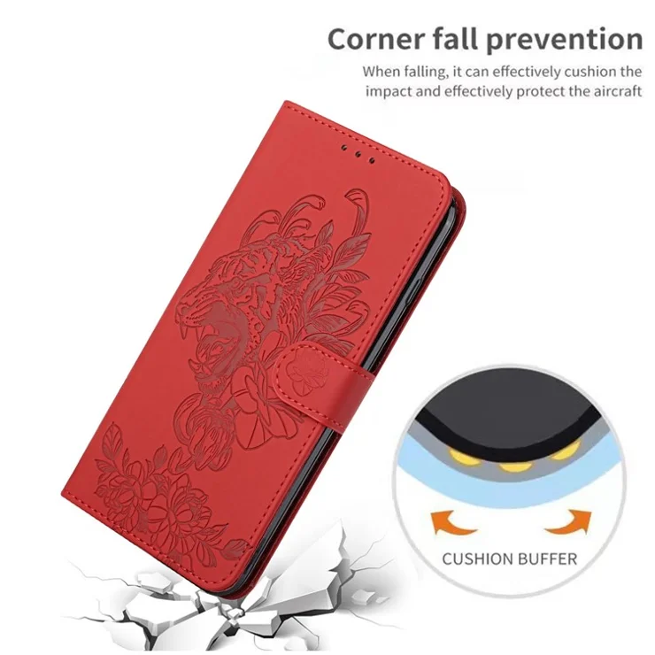 For iPhone 14 Plus Tiger Pattern Imprinting PU Leather Full Protection Phone Case Stand Wallet Cover with Strap - Red