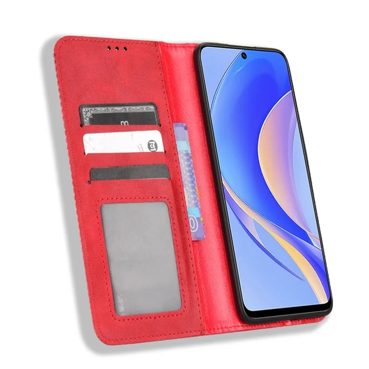 Huawei nova Y90 4G / Enjoy 50 Pro 4G Vintage PU Leather Phone Case Drop-proof Flip Wallet Cover Stand Protective Shell - Red