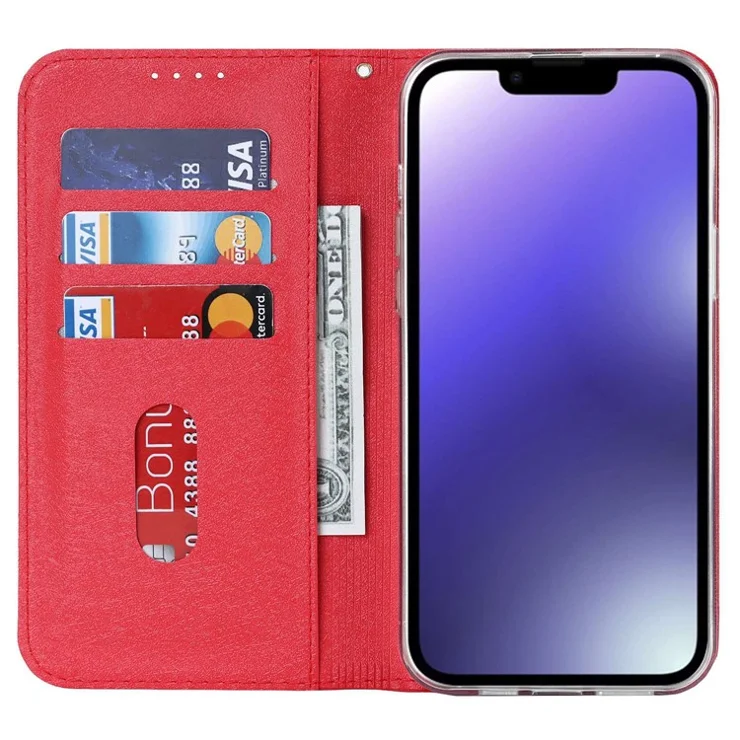 For iPhone 14 Plus PU Leather Silk Texture Anti-drop Wallet Phone Case Stand All-around Protection Cover with Wrist Strap - Red