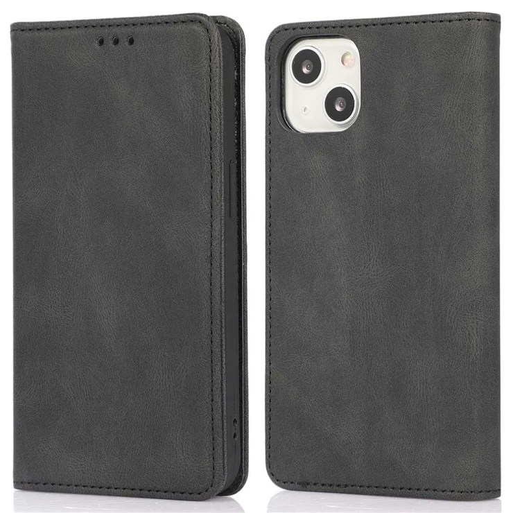For iPhone 14 Plus Anti-Drop Phone Case Magnetic Closure PU Leather Cover Scratch Resistant Wallet Stand Shell - Black