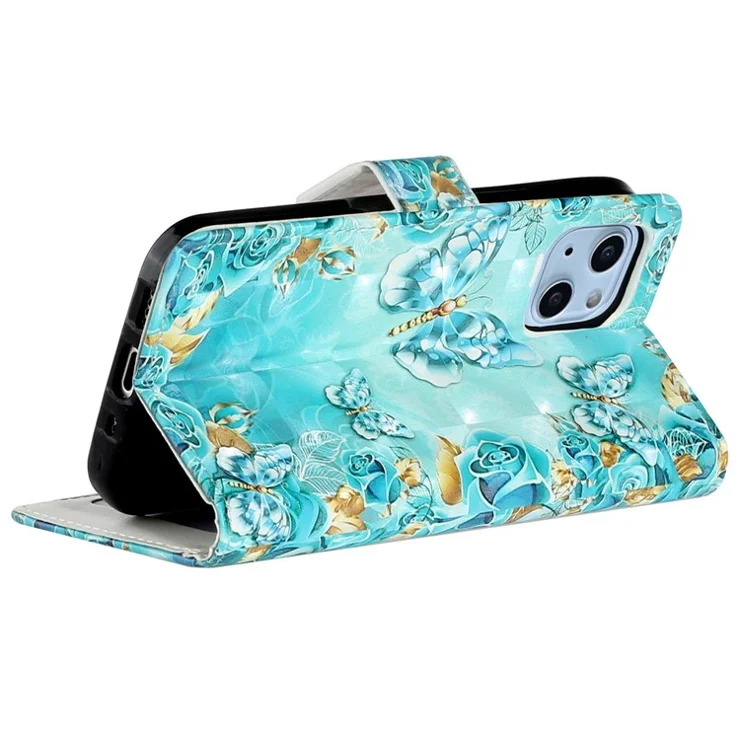 For iPhone 14 Pro 6.1 inch Wallet Stand Function 3D Pattern Printing Phone Case PU Leather Shockproof Protective Cover - Blue Gold Butterfly
