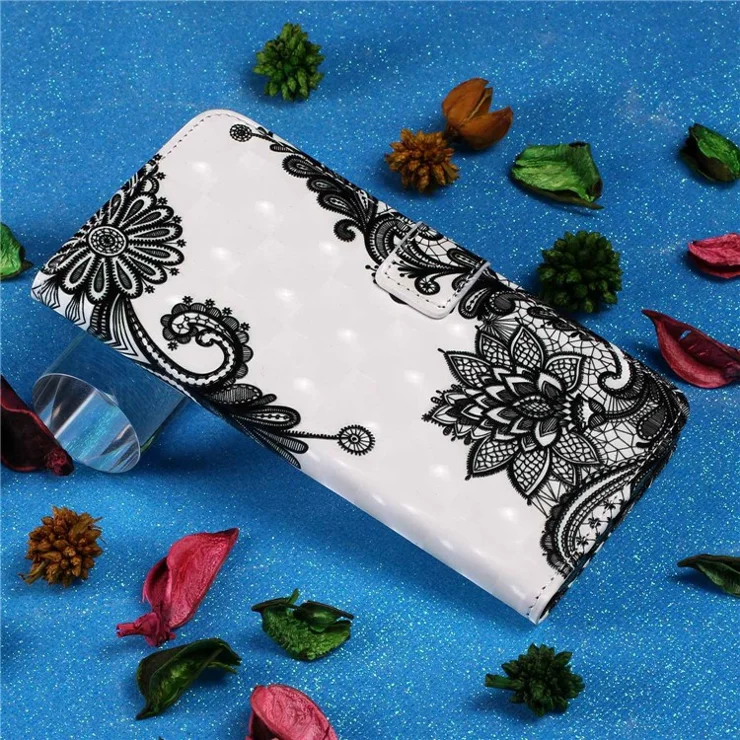 For iPhone 14 Pro 6.1 inch Wallet Stand Function 3D Pattern Printing Phone Case PU Leather Shockproof Protective Cover - Lace Flower