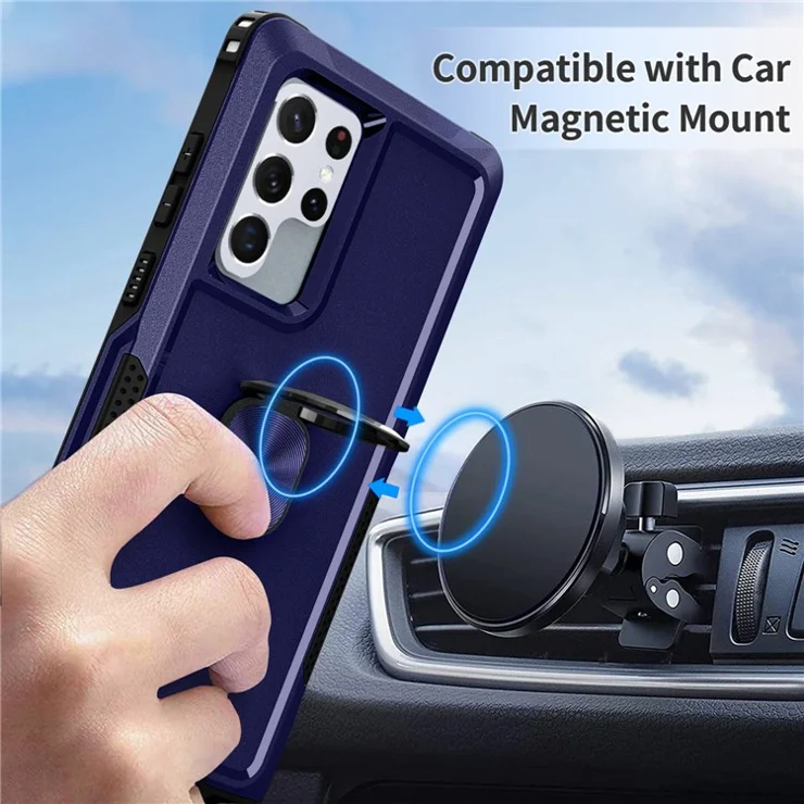 For Samsung Galaxy S22 Ultra 5G 3-in-1 Ring Holder Phone Case Kickstand Protective Phone Back Cover - Navy Blue
