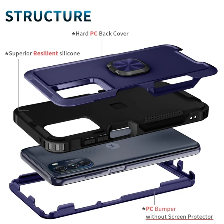 For Motorola Moto G 5G (2022) 3-in-1 PC + Silicone Anti-drop Phone Case Protective Back Cover with Rotatable Ring Kickstand - Navy Blue