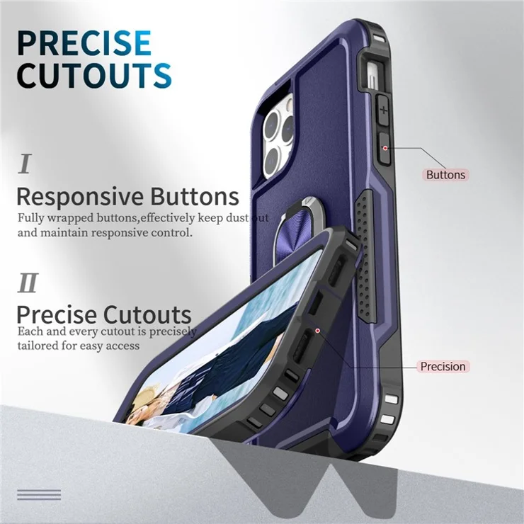 For iPhone 12 Pro Max 6.7 inch 3-in-1 PC + Silicone Phone Case Rotatable Ring Kickstand Anti-scratch Protective Phone Back Cover - Navy Blue