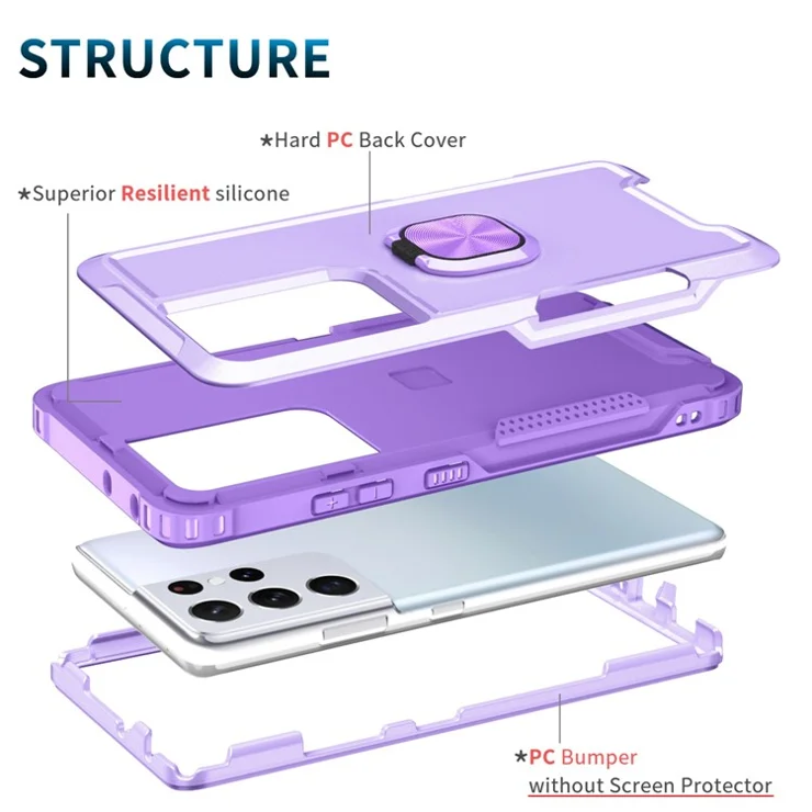 PC + Silicone Phone Case For Samsung Galaxy S21 Ultra 5G, Rotatable Ring Kickstand Anti-fall Phone Cover - Light Purple