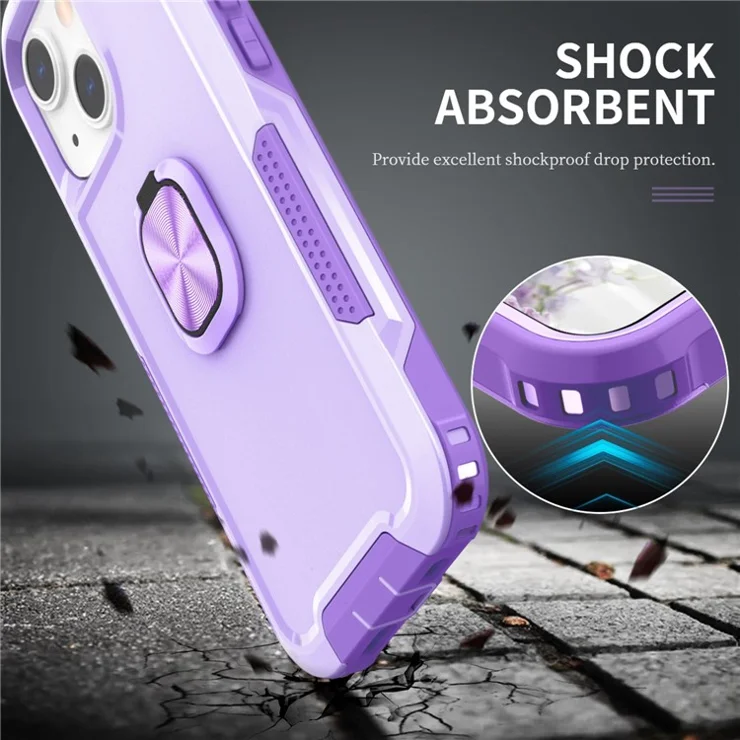 For iPhone 13 6.1 inch 3-in-1 Shockproof Ring Holder Phone Case Kickstand Anti-wear Protective Phone Back Cover - Light Purple