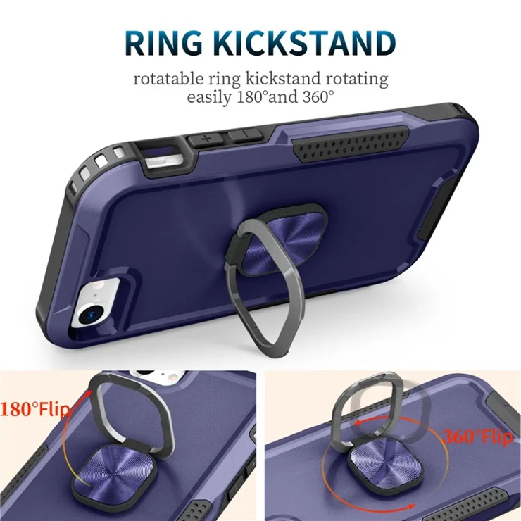 For iPhone 7 4.7 inch / 8 4.7 inch / SE (2022) / SE (2020) Rotatable Ring Kickstand Drop-proof PC + Silicone 3-in-1 Hybrid Phone Case Protective Back Cover - Navy Blue