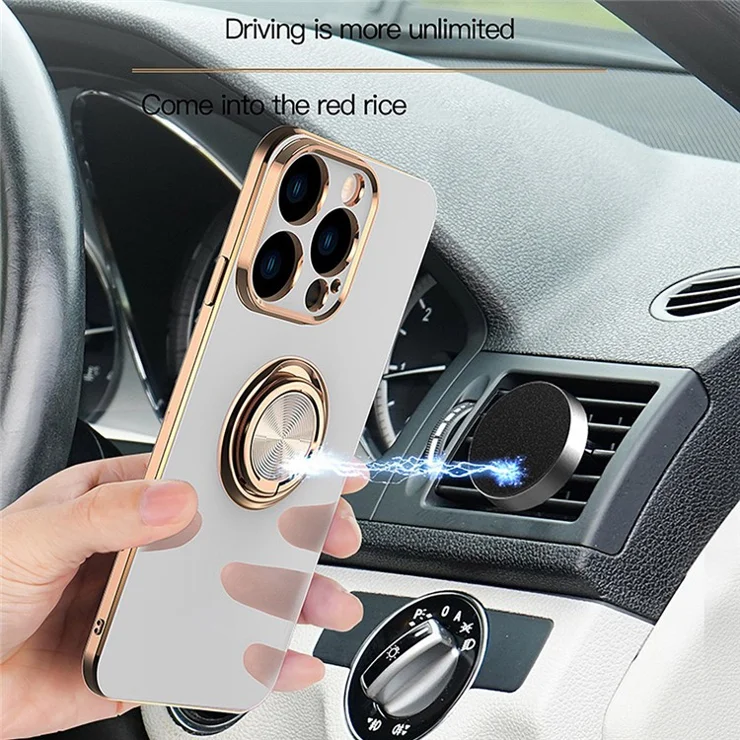 Soft TPU Phone Case Kickstand For iPhone 14 Pro 6.1 inch, Ring Holder Anti-drop 9D Electroplating Precise Cutout Phone Back Cover - Dark Green
