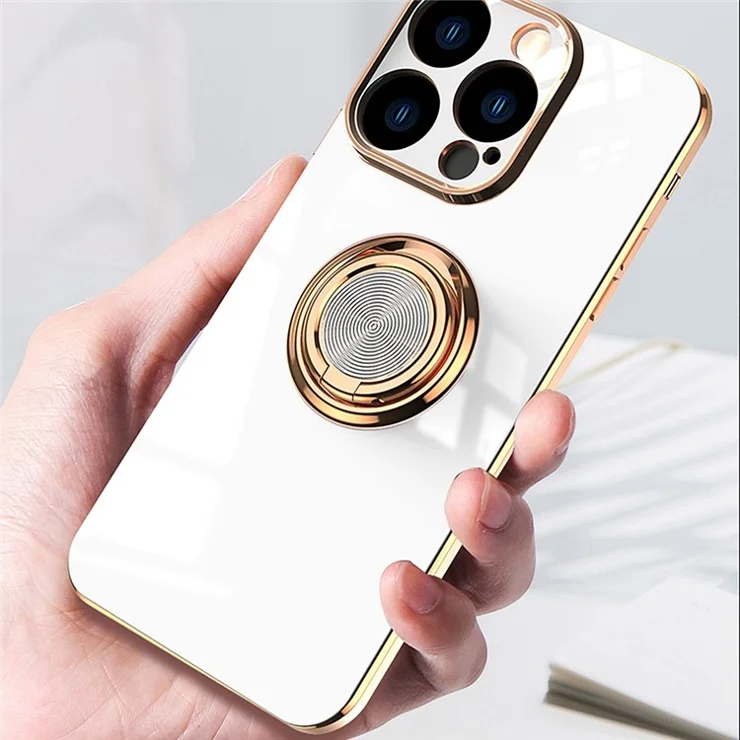 Anti-fall Phone Case Kickstand For iPhone 14 Pro Max 6.7 inch, Ring Holder 9D Electroplating Precise Cutout Ultra Slim Phone Back Cover - Black