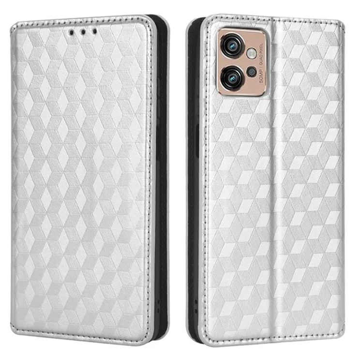 For Motorola Moto G32 4G Imprinting Rhombus Pattern Phone Wallet Case Magnetic Absorption PU Leather Stand Cover - Silver