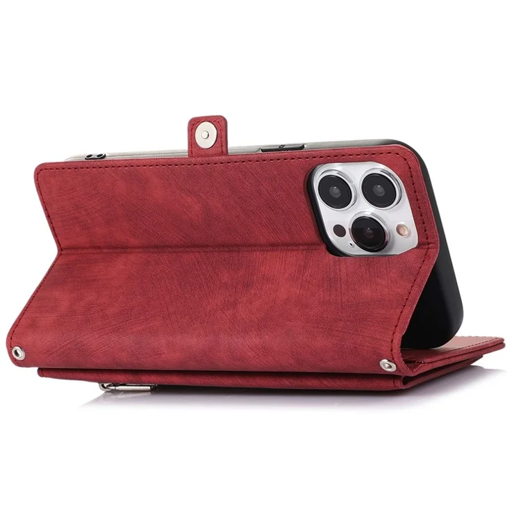 For iPhone 13 Pro 6.1 inch Zipper Pocket Wallet Flip Case 9 Card Slots PU Leather Stand Mobile Phone Shell with Wrist Strap - Red