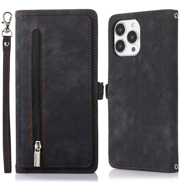 For iPhone 13 Pro 6.1 inch Zipper Pocket Wallet Flip Case 9 Card Slots PU Leather Stand Mobile Phone Shell with Wrist Strap - Black