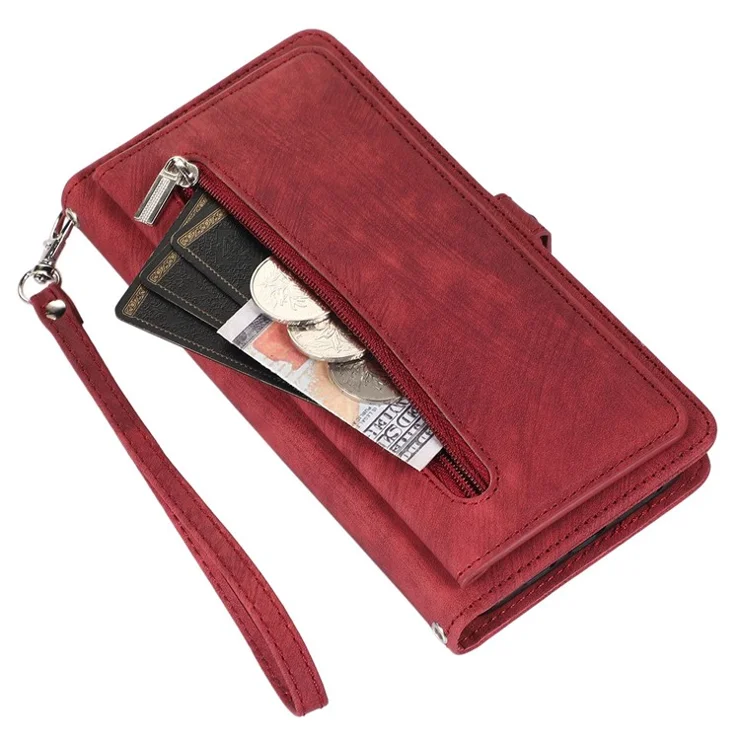 For iPhone 12 6.1 inch/12 Pro 6.1 inch Shockproof Zipper Pocket Phone Wallet Case 9 Card Slots PU Leather Stand Cover with Wrist Strap - Red