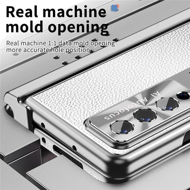 For Samsung Galaxy Z Fold4 5G Litchi Texture Double Hinge Leather Coated PC Phone Case with Tempered Glass Film and Stylus Pen - Silver