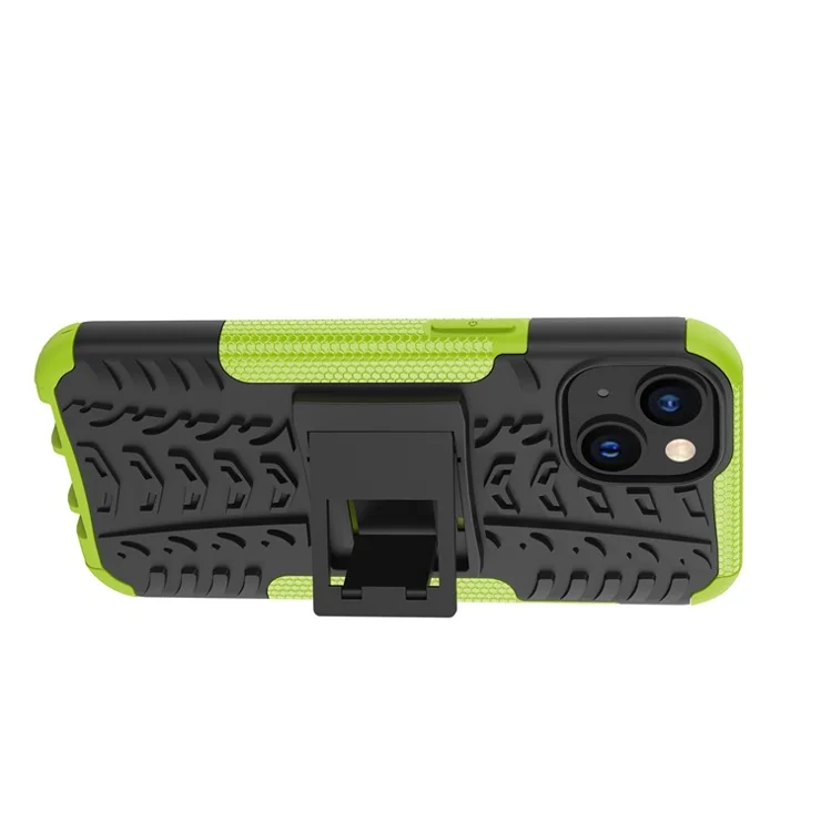 For iPhone 14 Plus Hard PC Soft TPU Shockproof Phone Case Cool Tyre Pattern Kickstand Protective Cover - Green