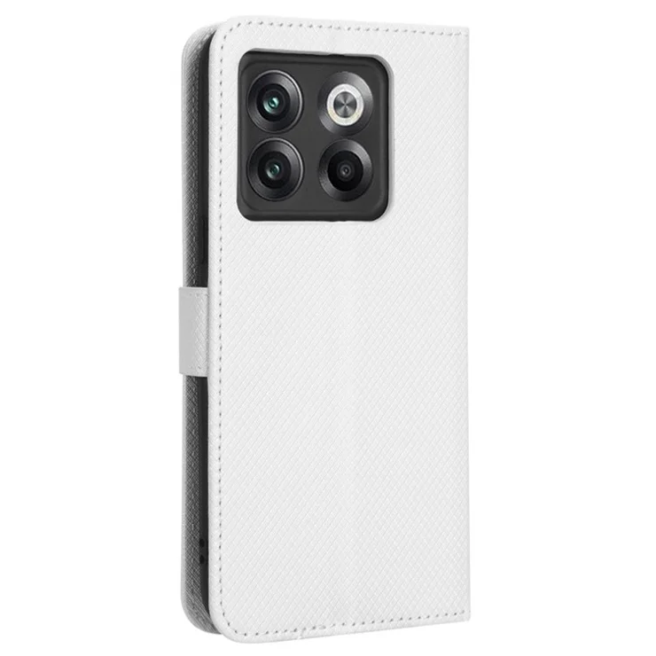 For OnePlus 10T 5G / Ace Pro 5G Diamond Texture Collision Resistant Phone Shell Magnetic Clasp PU Leather Stand Wallet Case with Wrist Strap - White