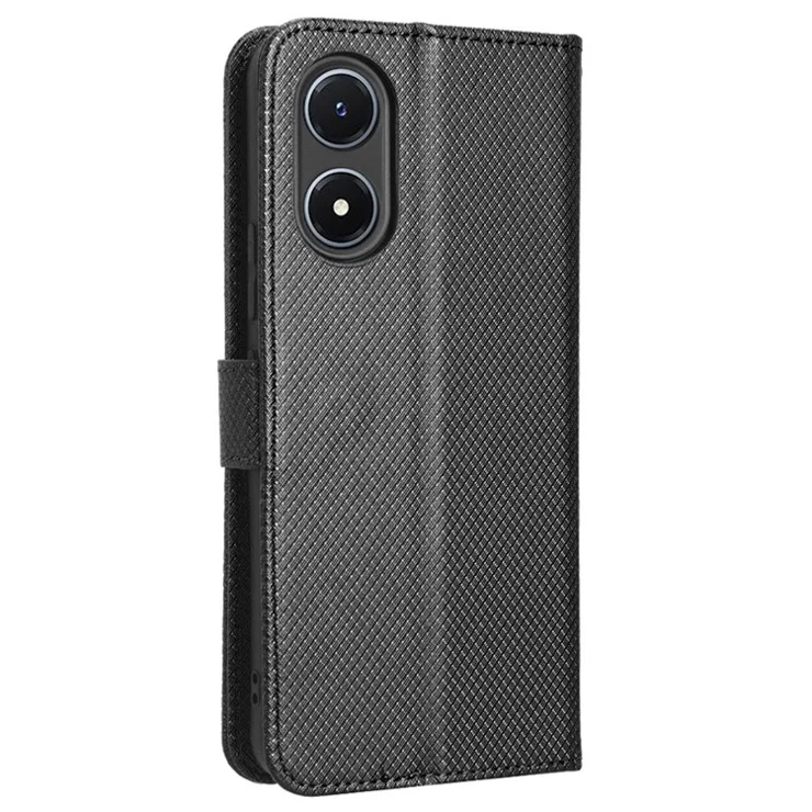 For vivo Y02s 4G Full Protection Diamond Texture Phone Shell Magnetic Clasp PU Leather Stand Wallet Case with Wrist Strap - Black