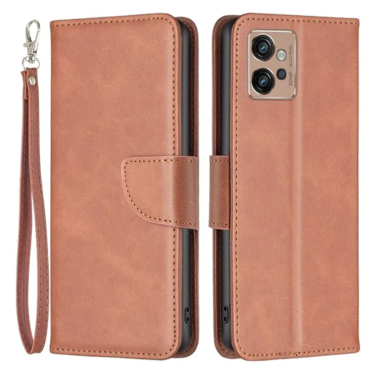 For Motorola Moto G32 4G Case Smooth Leather Wallet Stand Mobile Phone Cover with Strap - Brown