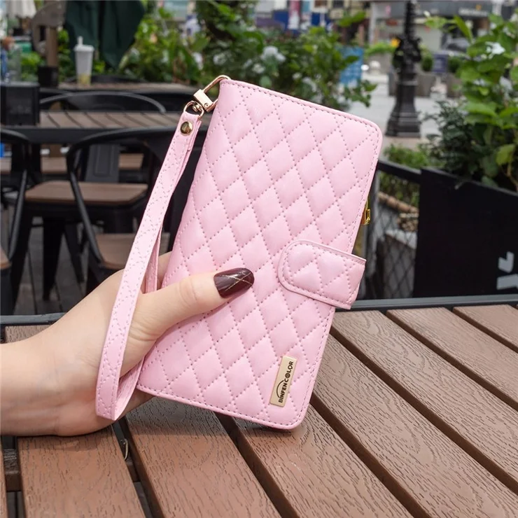 BINFEN COLOR For Samsung Galaxy Z Fold4 5G Zipper Pocket Stand Leather Case Rhombus Pattern Imprinted Phone Wallet Cover - Pink
