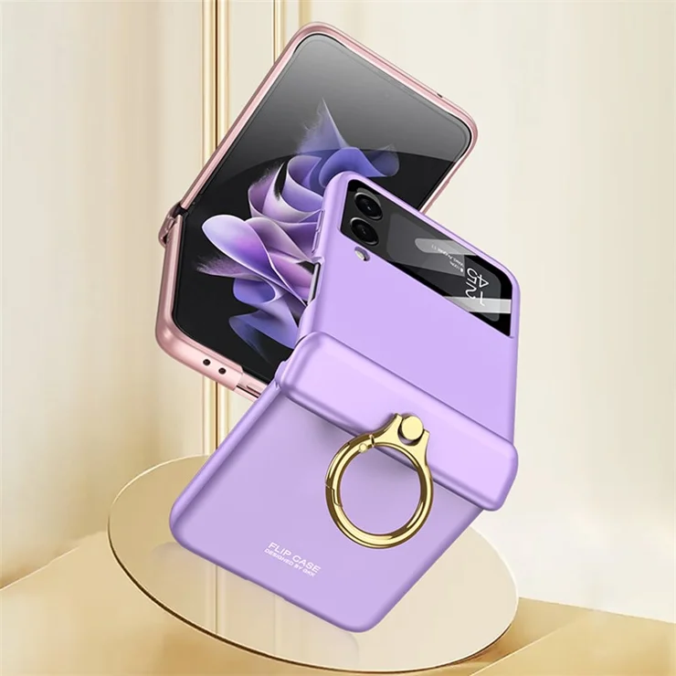 GKK For Samsung Galaxy Z Flip4 5G Anti-scratch Phone Case Metal Ring Holder Kickstand Magnetic Absorption Hinge PC Folding Cover with Camera Lens Film - Orange